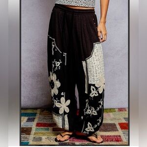 POL Bohemian Black & Cream Embellished Patchwork Joggers